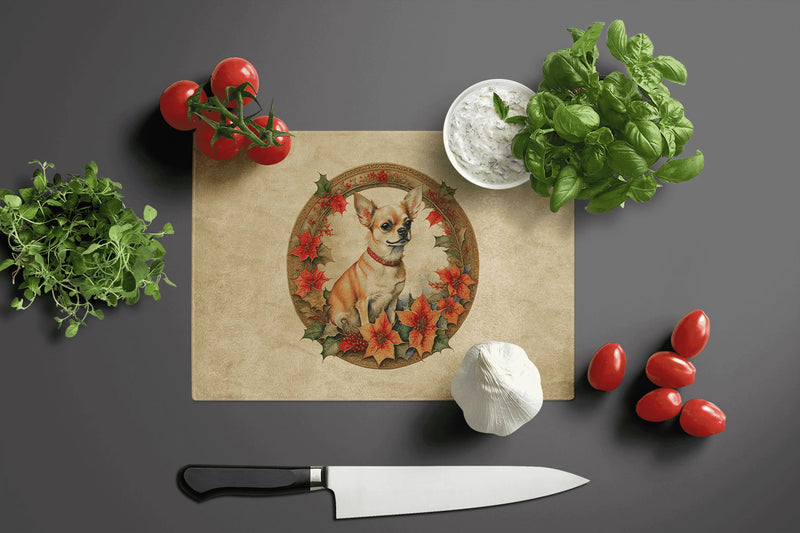 Chihuahua Christmas Flowers Glass Cutting Board Caroline's Treasures