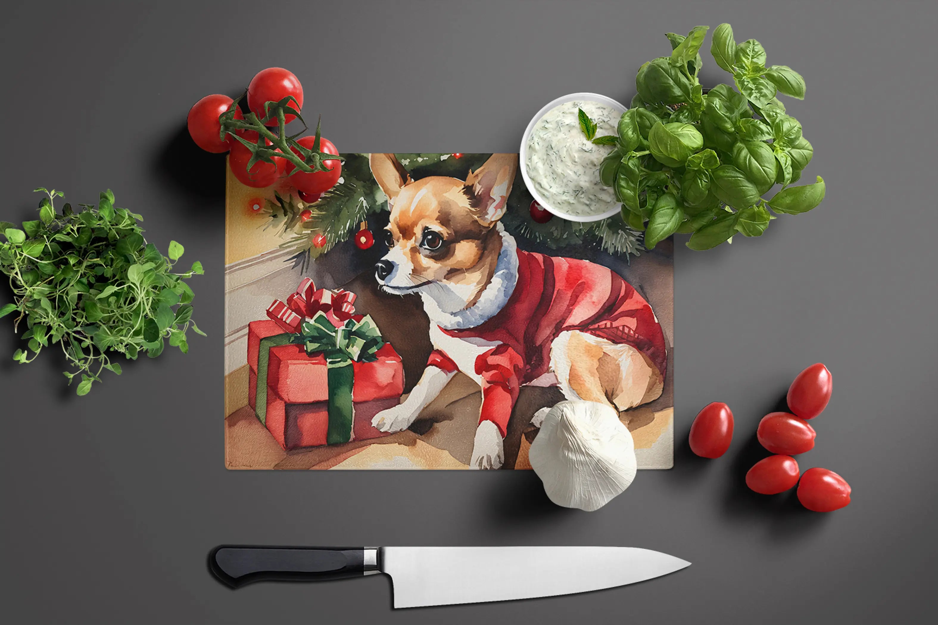 Chihuahua Cozy Christmas Glass Cutting Board Caroline's Treasures