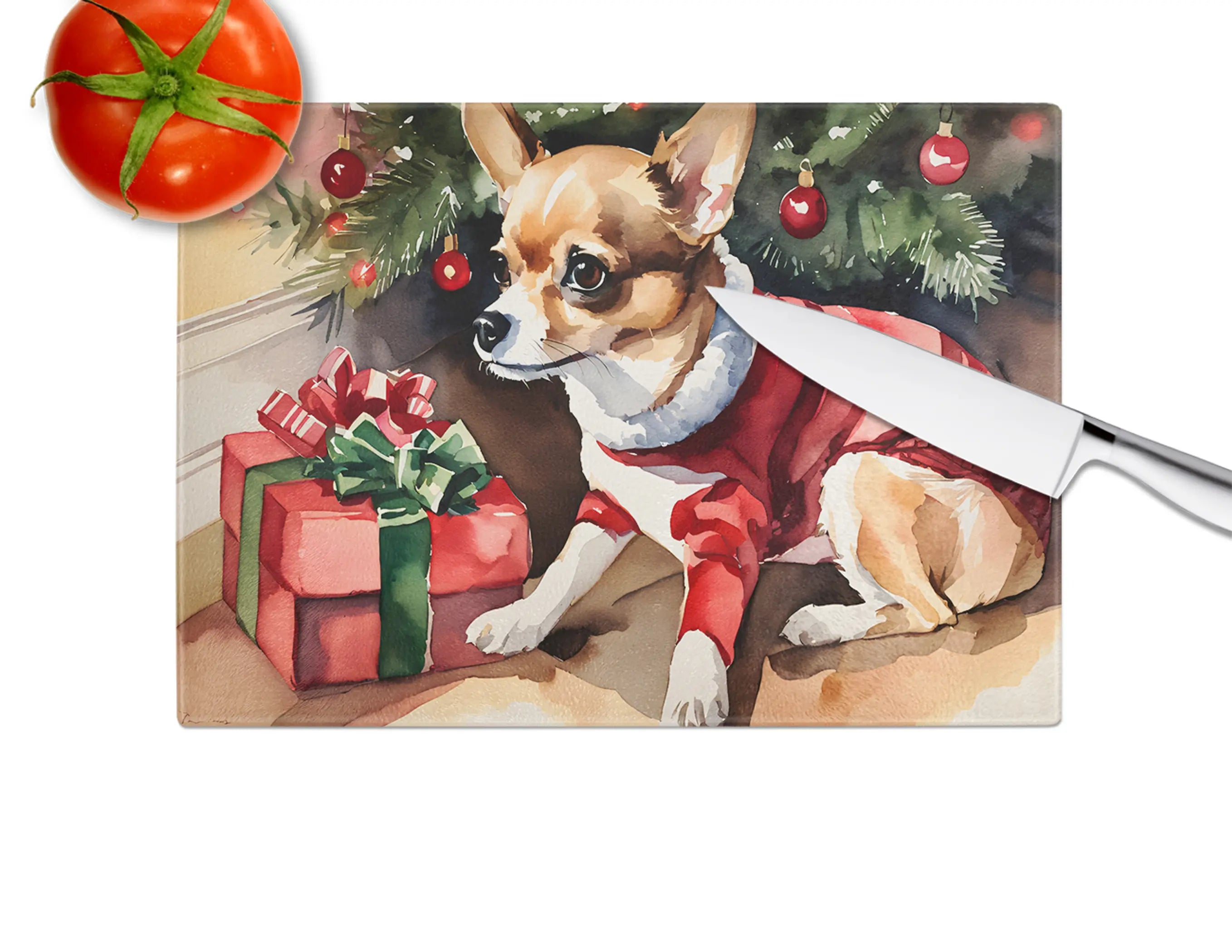 Chihuahua Cozy Christmas Glass Cutting Board Caroline's Treasures
