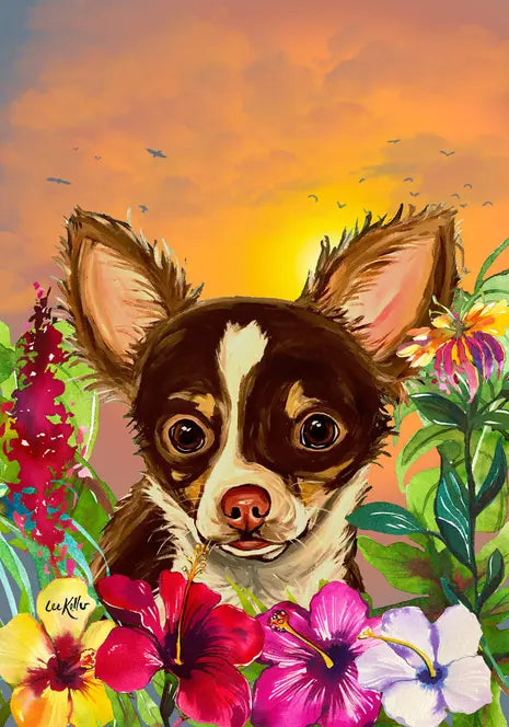 Chihuahua  Gizmo - Hippie Hound Studios Tropical Summer  House and Garden Flags Best of Breed
