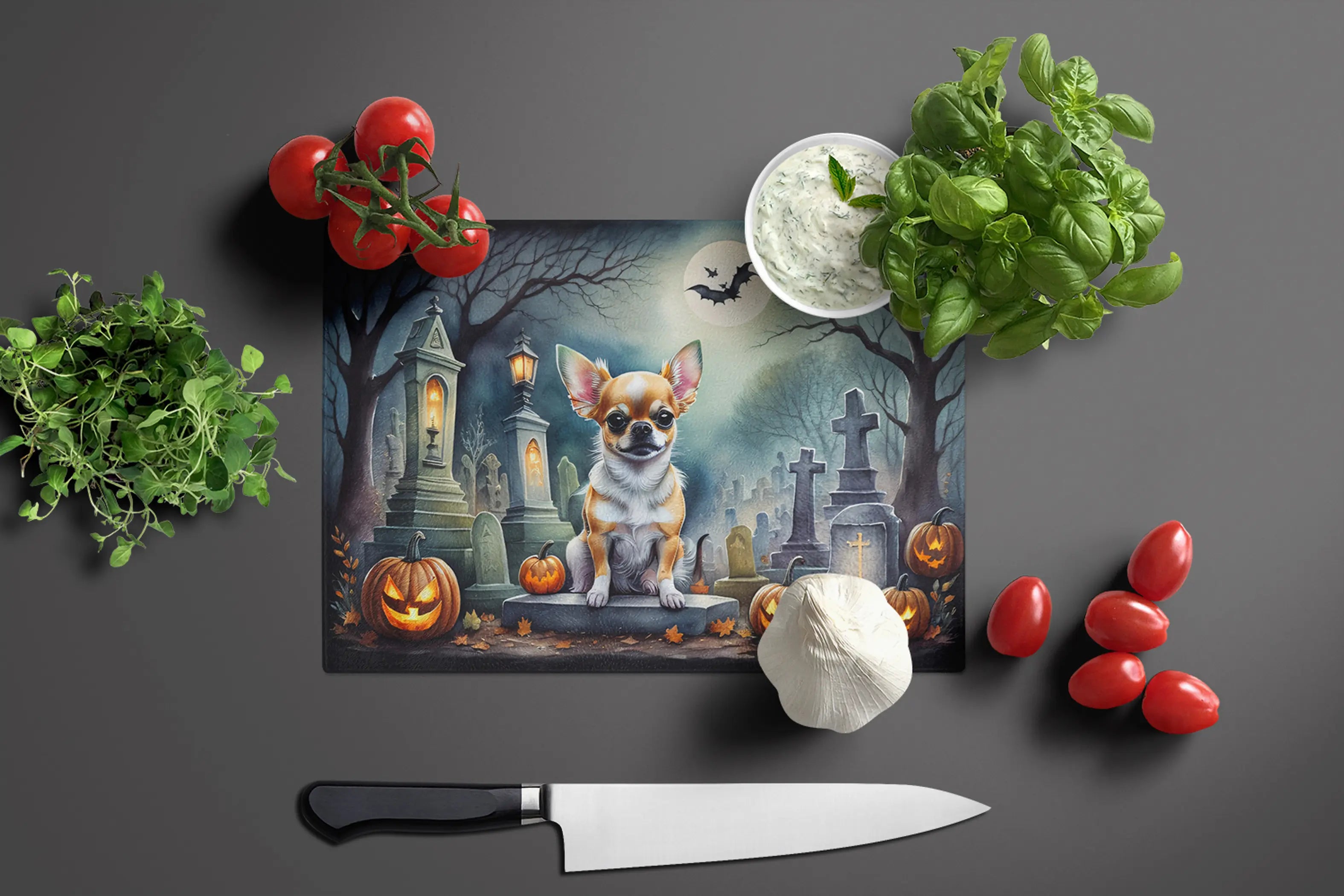 Chihuahua Spooky Halloween Glass Cutting Board Caroline's Treasures