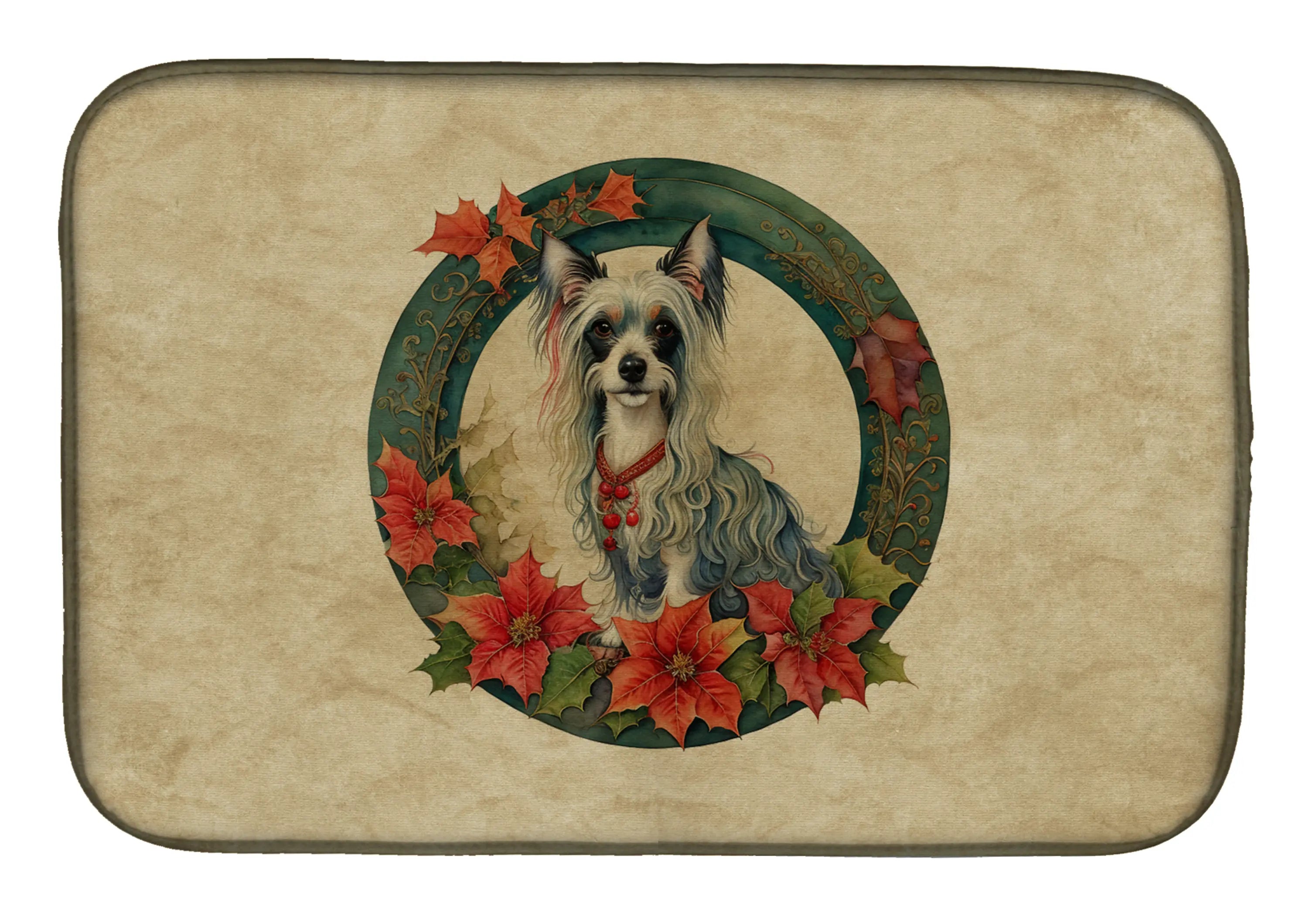 Chinese Crested Christmas Flowers Dish Drying Mat Caroline's Treasures