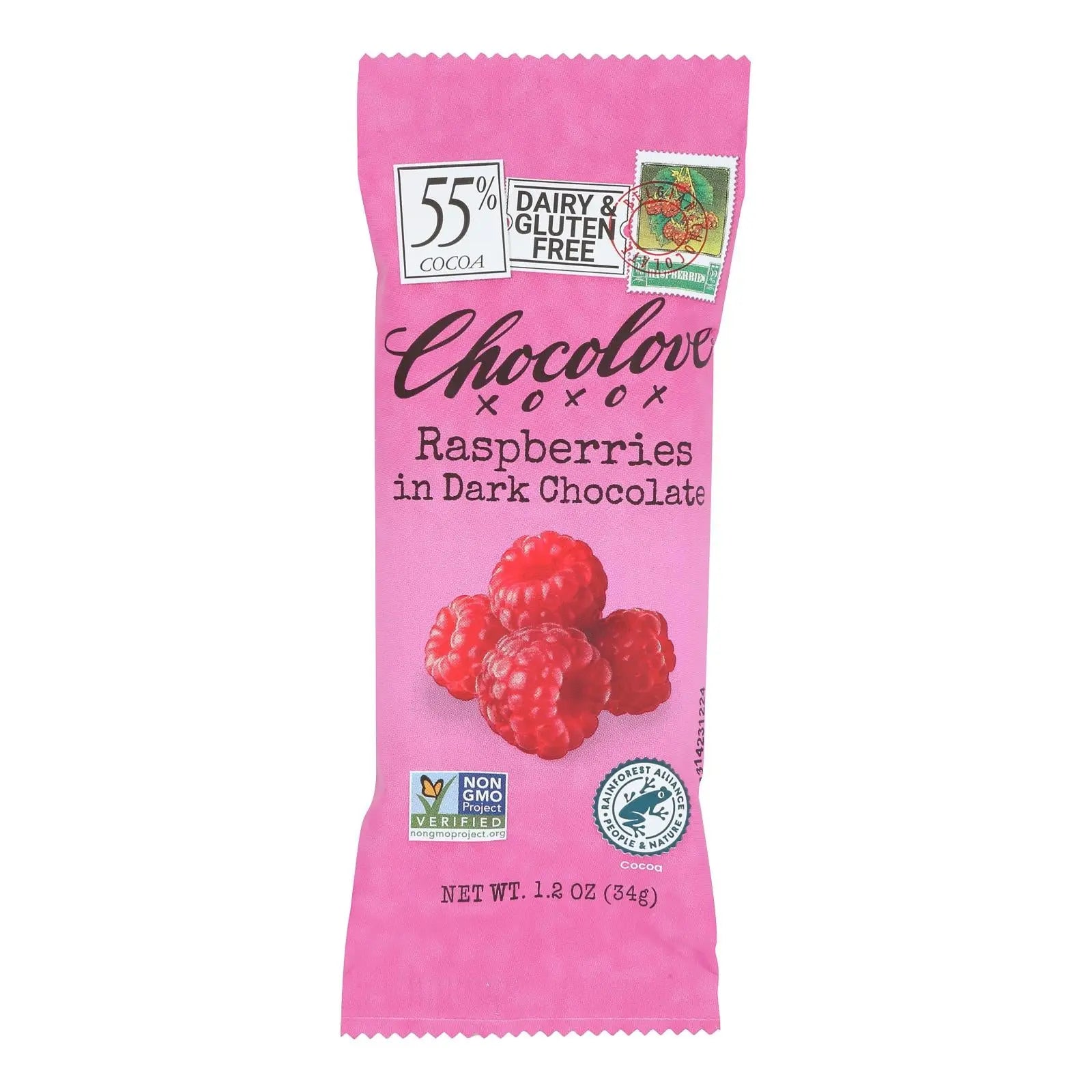 Chocolove Xoxox - Premium Chocolate Bar - Dark Chocolate - Raspberries - Mini - 1.2 Oz Bars - Case Of 12 Chocolove Xoxox