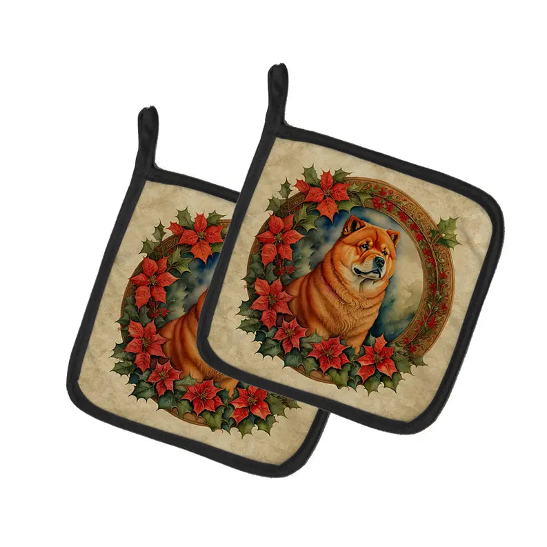 Chow Chow Christmas Flowers Pair of Pot Holders Caroline's Treasures