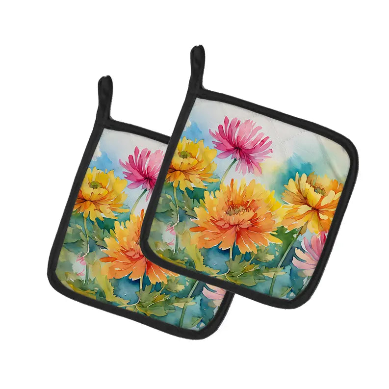 Chrysanthemums in Watercolor Pair of Pot Holders Caroline's Treasures