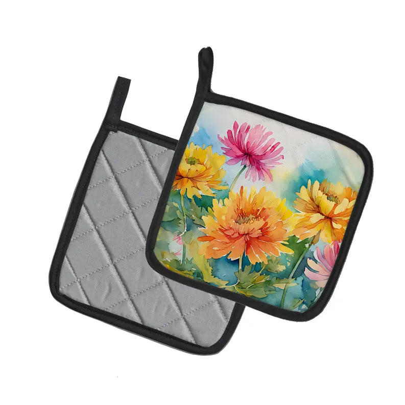 Chrysanthemums in Watercolor Pair of Pot Holders Caroline's Treasures