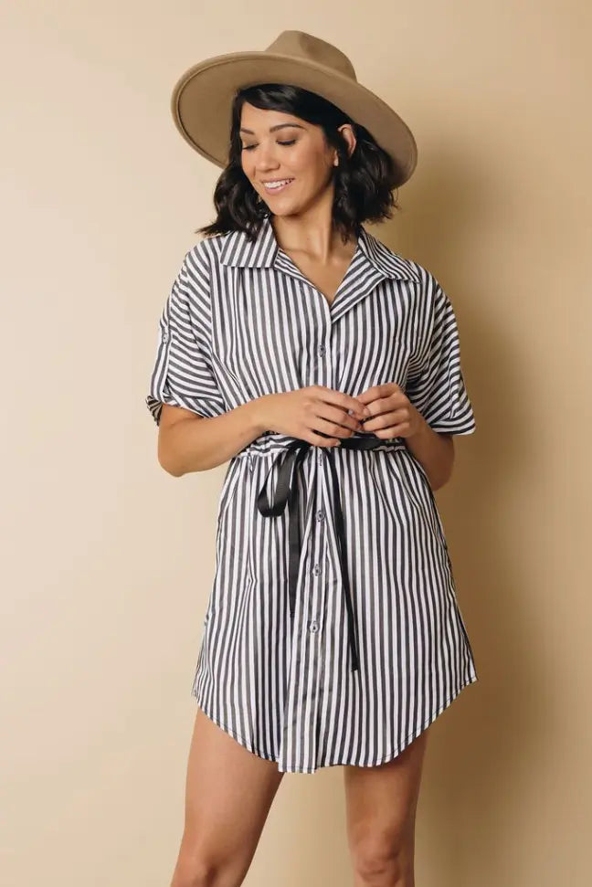 Clara Striped Drawstring Dress Stay Warm in Style