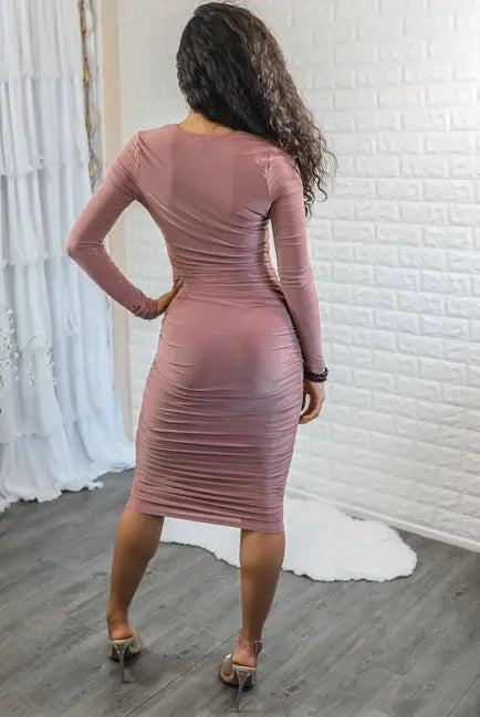 Clarissa Deep-V Double Layered Long Sleeves Midi Dress SurelyMine