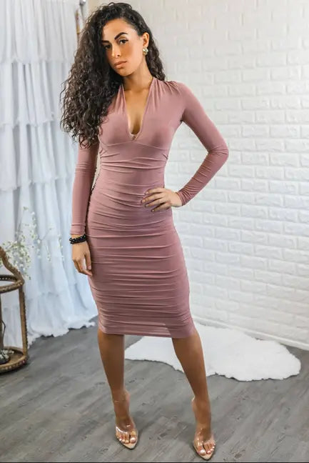 Clarissa Deep-V Double Layered Long Sleeves Midi Dress SurelyMine