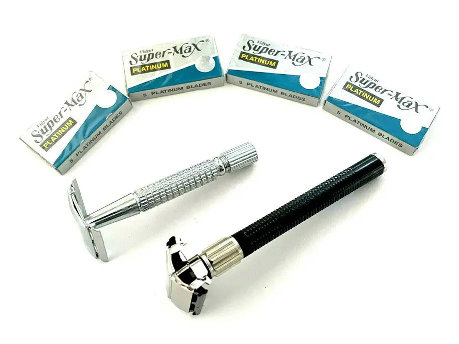 Classic Men's Old Fashion Safety Razors Set Silver Black + 20pcs Blades Hashir Products