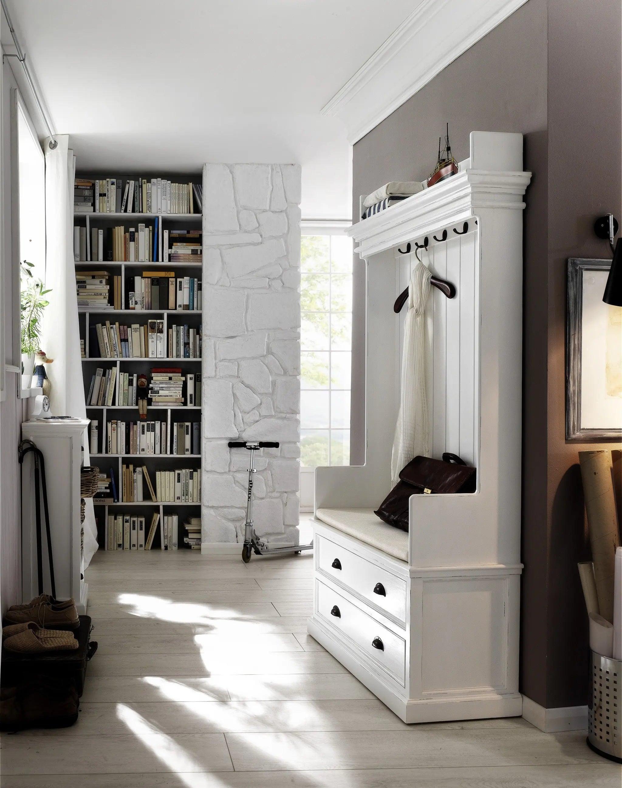 Classic White Entryway Coat Rack and Bench with Drawers Homeroots Organization