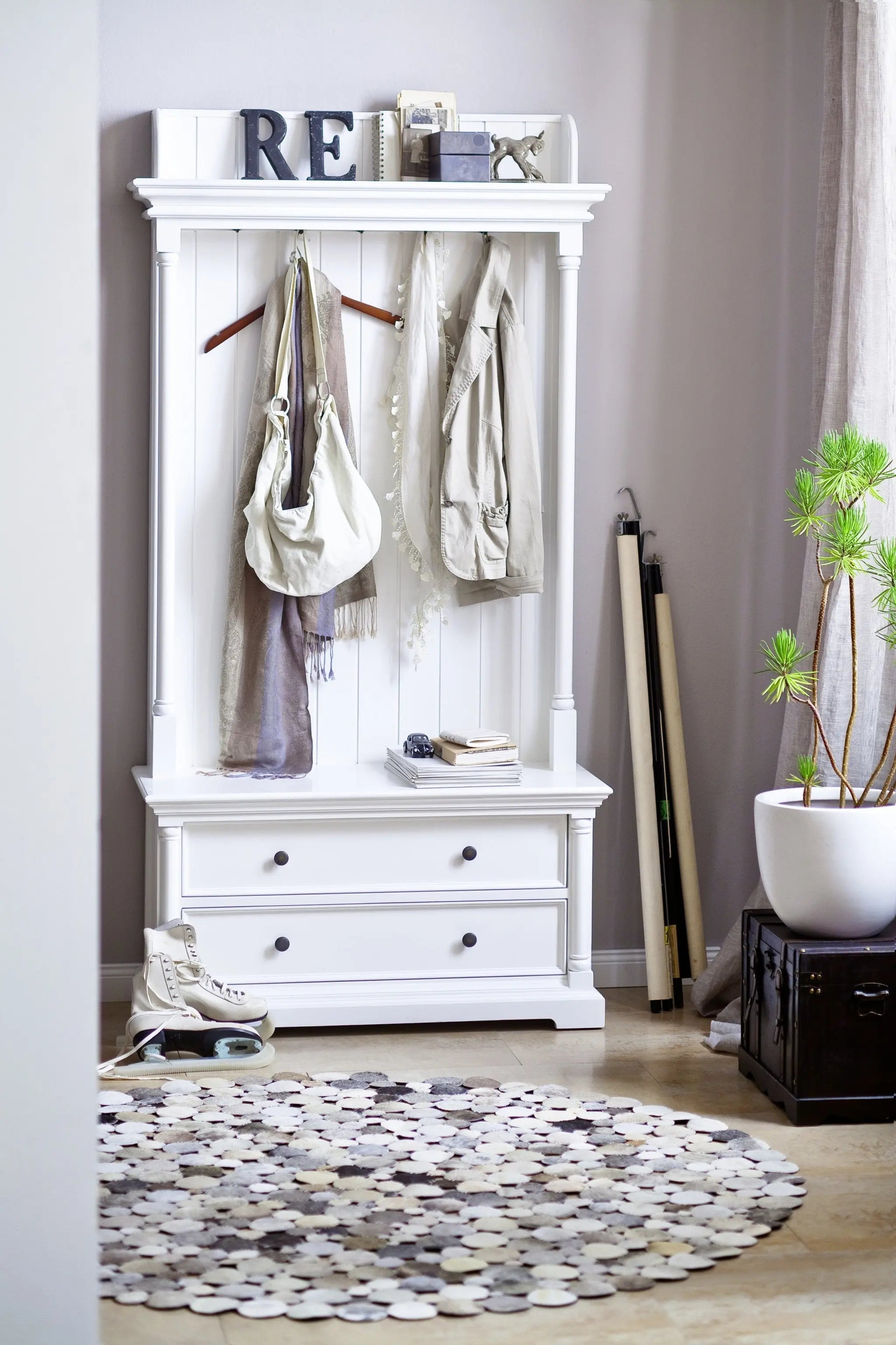 Classic White Hall Tree Coat Rack with Drawers Homeroots Organization