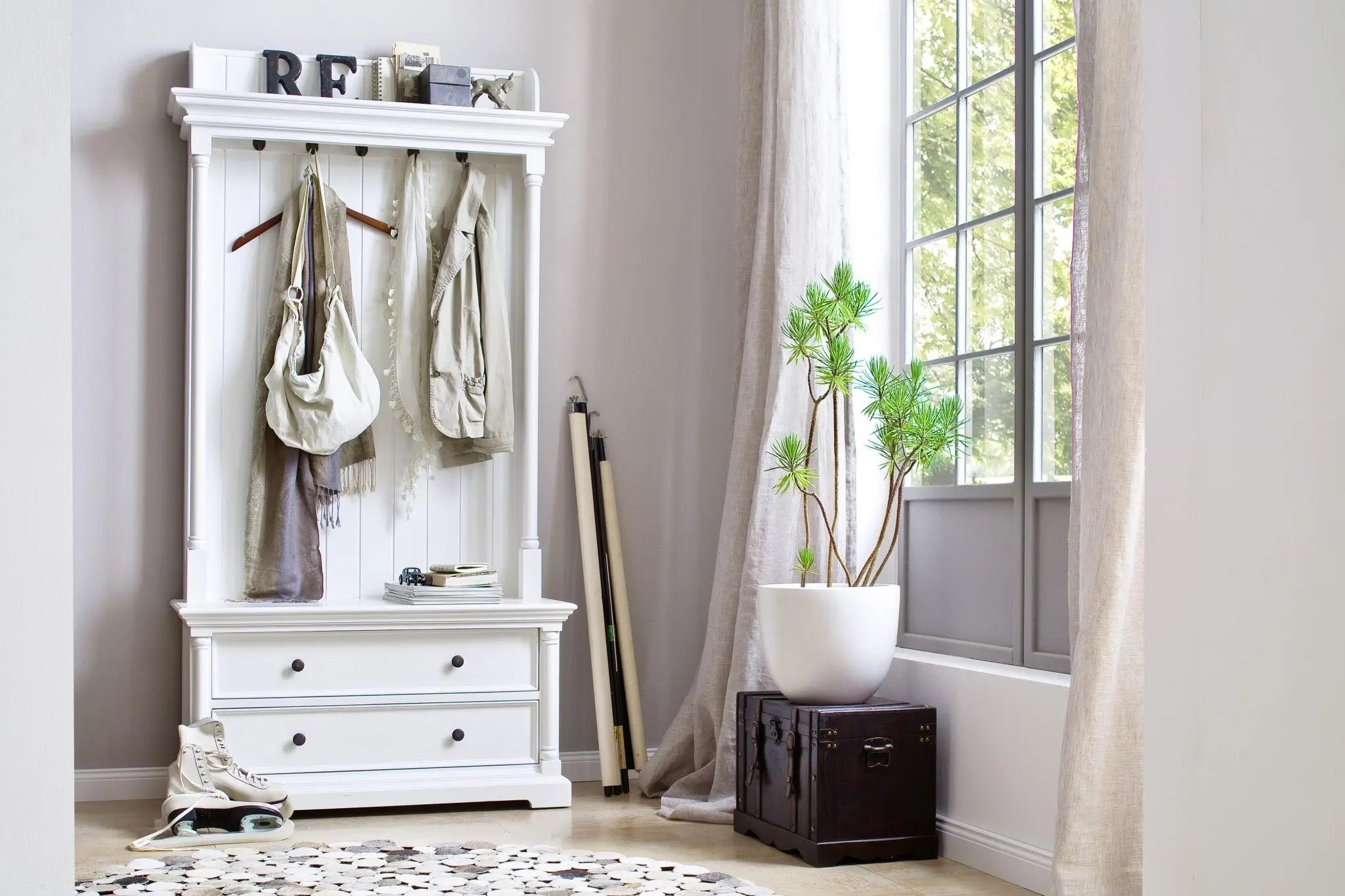 Classic White Hall Tree Coat Rack with Drawers Homeroots Organization