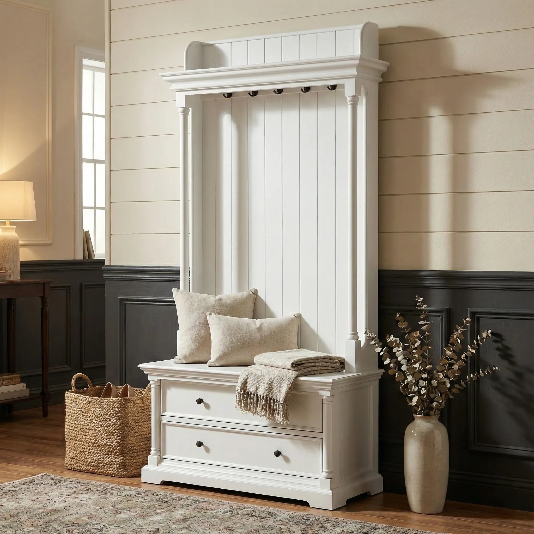 Classic White Hall Tree Coat Rack with Drawers Homeroots Organization