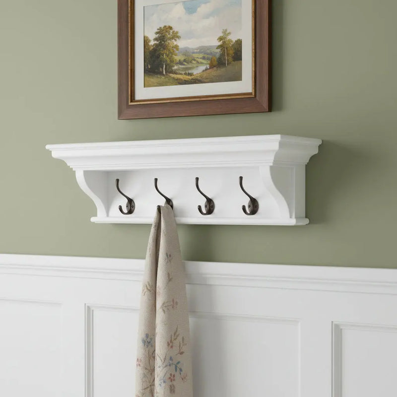 Classic White Wood Wide Four Hook Hanging Coat Rack Homeroots Organization