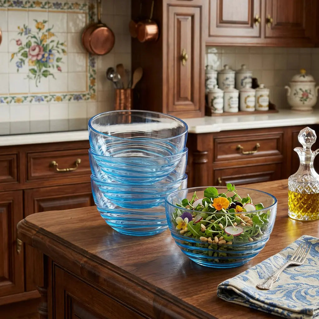 Clear and Blue Four Piece Swirl Acrylic Service For Four Bowl Set Homeroots Kitchen & Dining