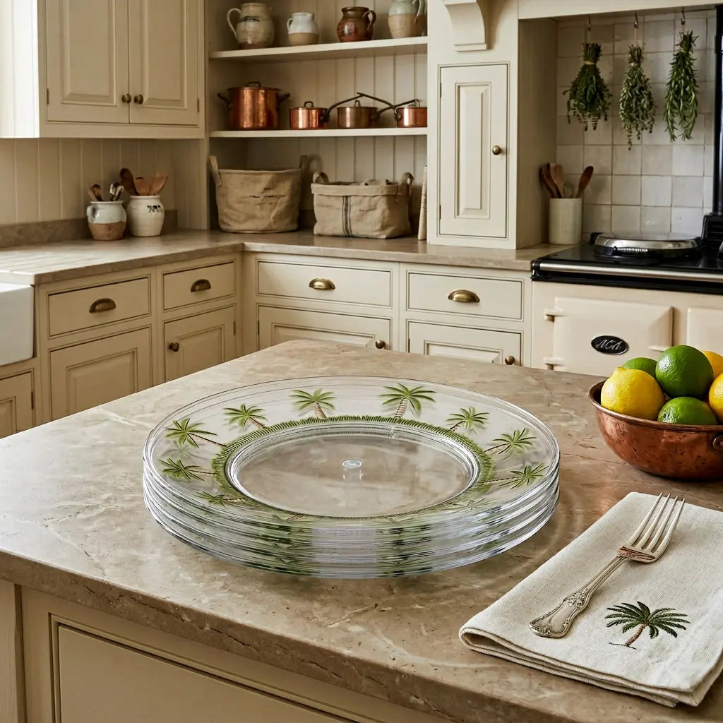 Clear and Green Four Piece Palm Tree Acrylic Service For Four Dinner Plate Set Homeroots Kitchen & Dining