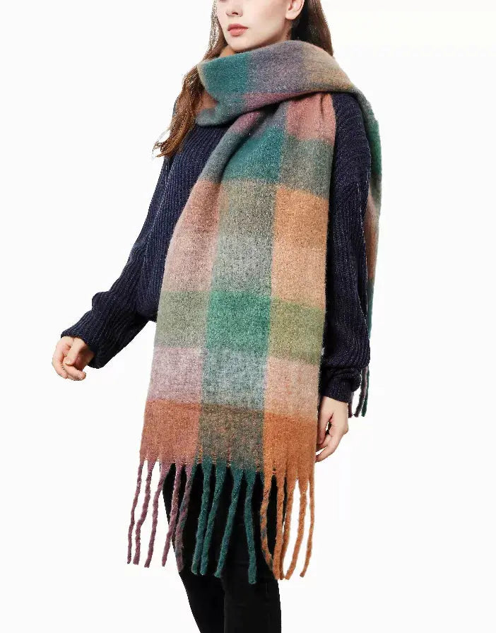 Coffee Plaid Long Fringe Blanket Scarf JC Sunny Fashion