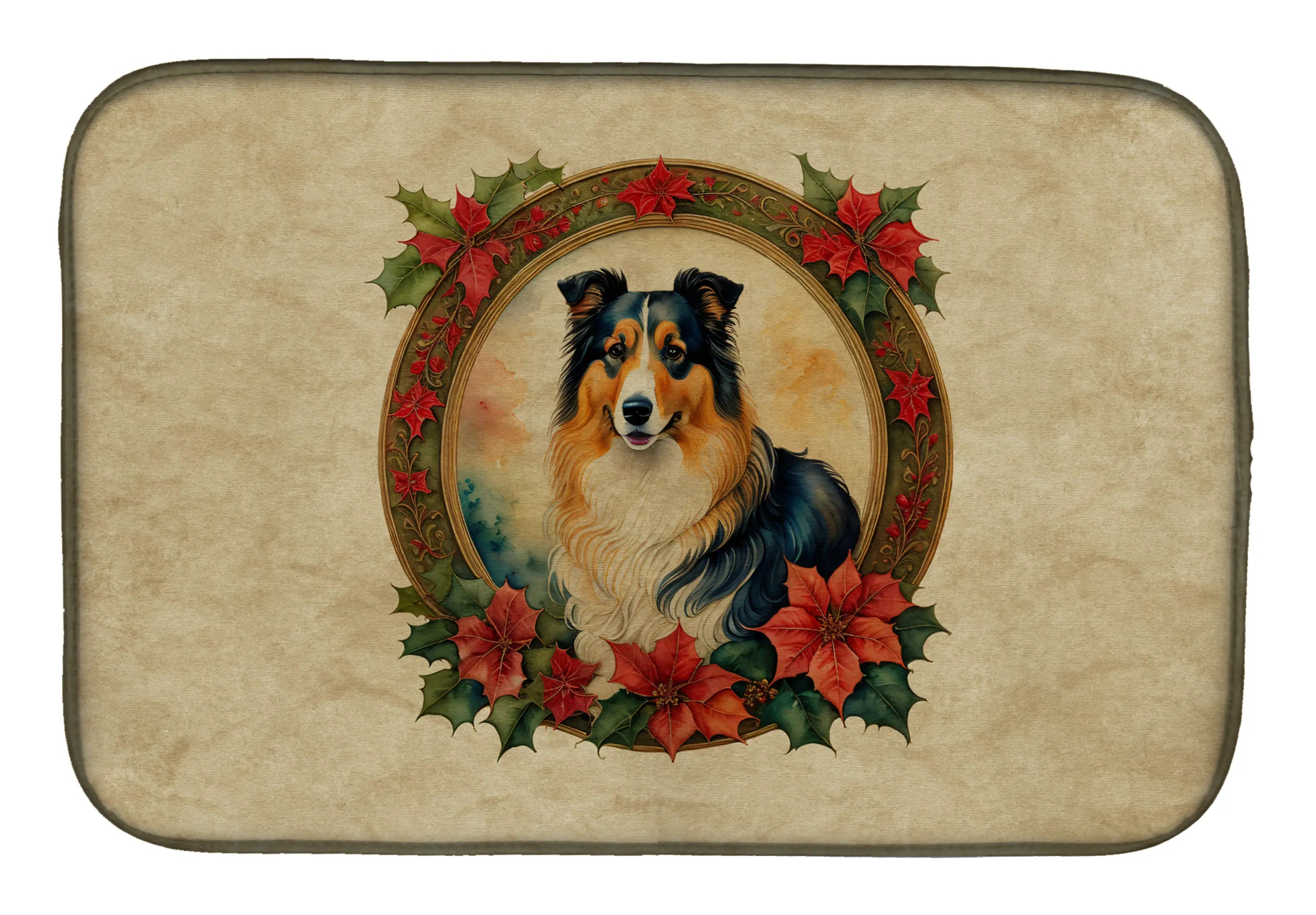 Collie Christmas Flowers Dish Drying Mat Caroline's Treasures