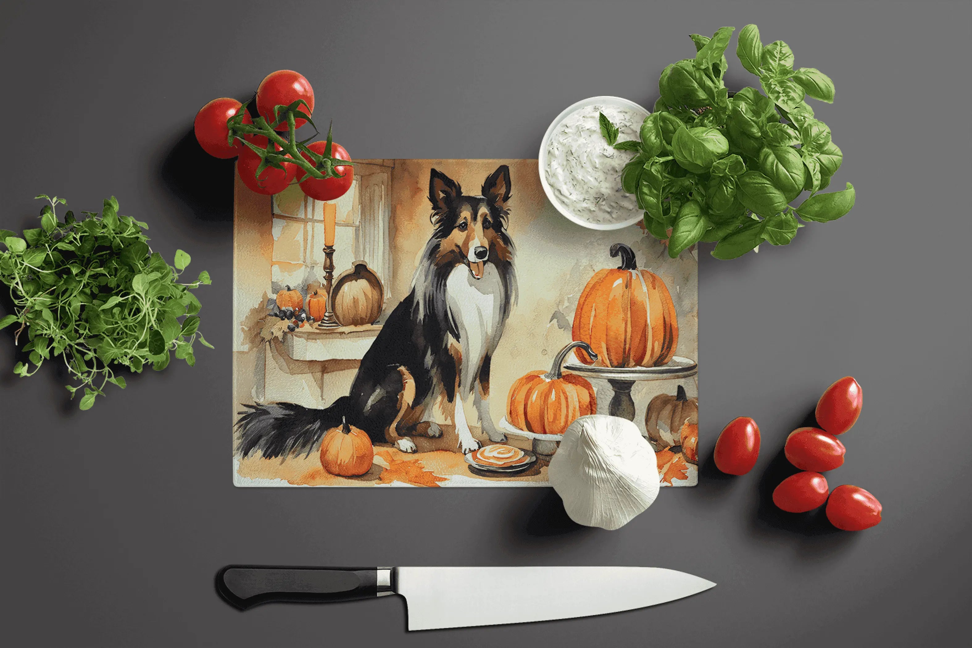 Collie Fall Kitchen Pumpkins Glass Cutting Board Caroline's Treasures