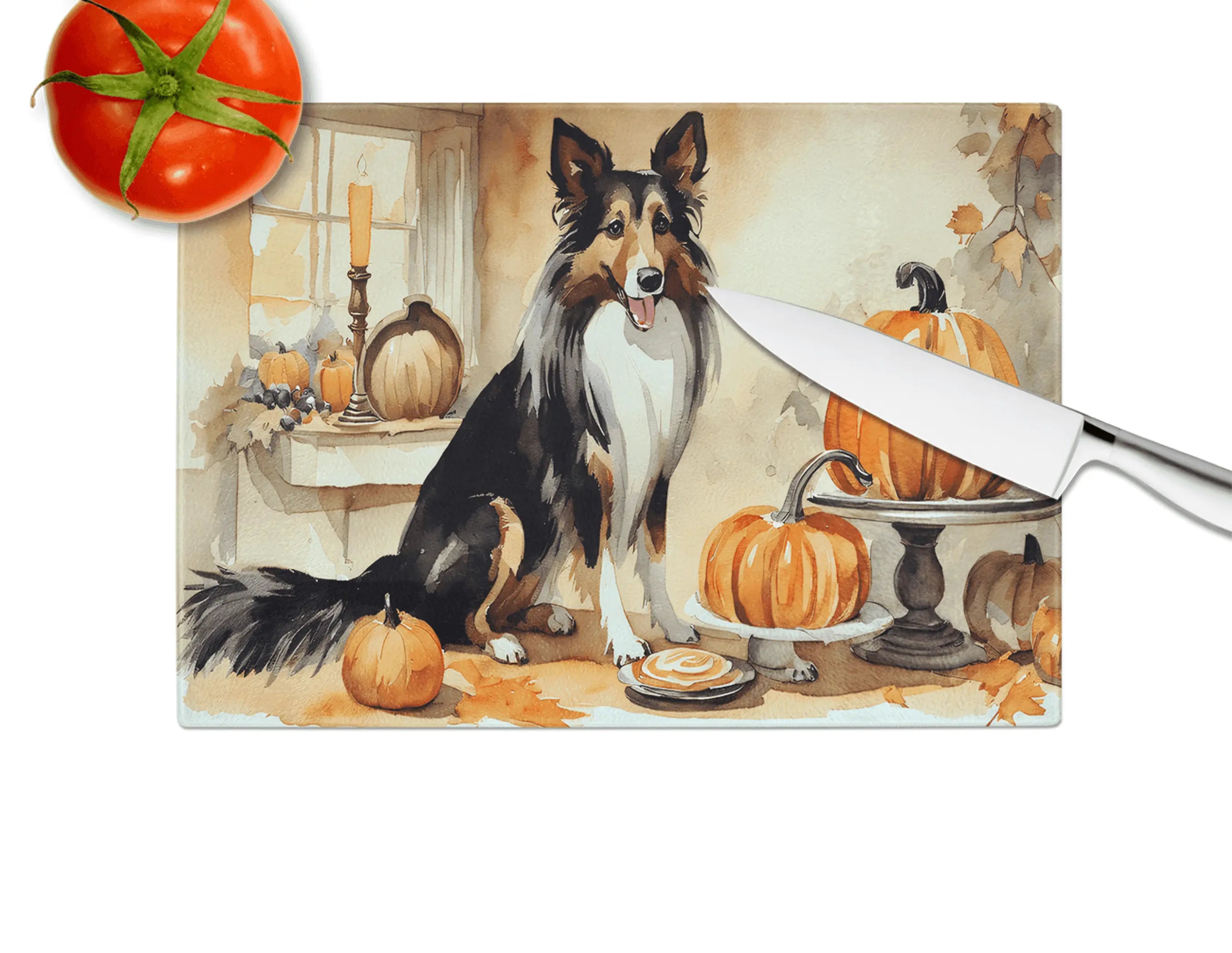Collie Fall Kitchen Pumpkins Glass Cutting Board Caroline's Treasures