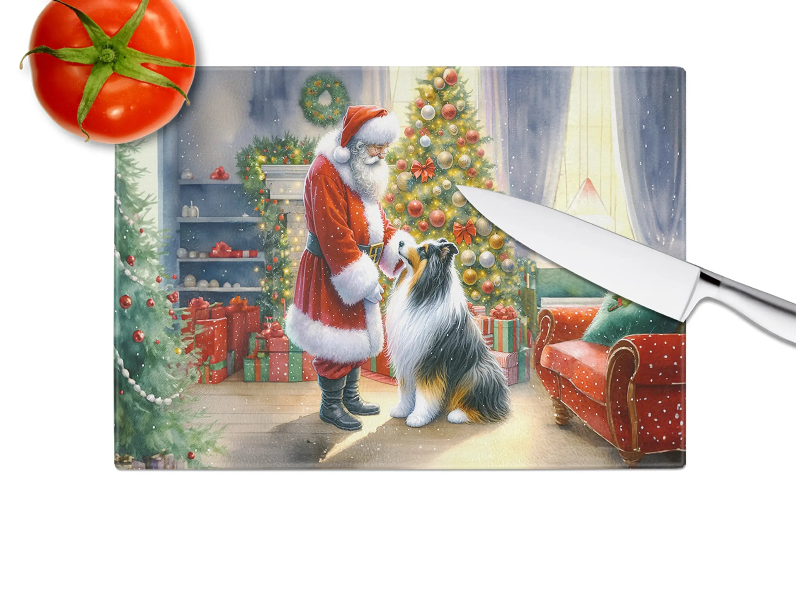 Collie and Santa Claus Glass Cutting Board Caroline's Treasures
