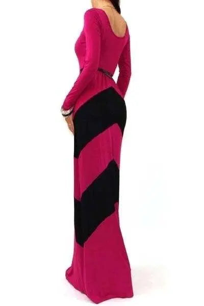 Color Block Chevron Long Sleeve Maxi Dress Fuchsia SurelyMine