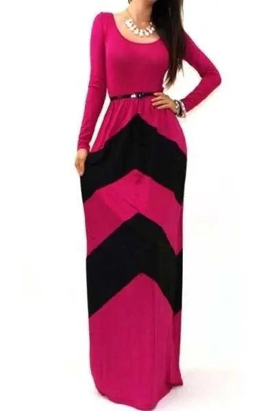 Color Block Chevron Long Sleeve Maxi Dress Fuchsia SurelyMine
