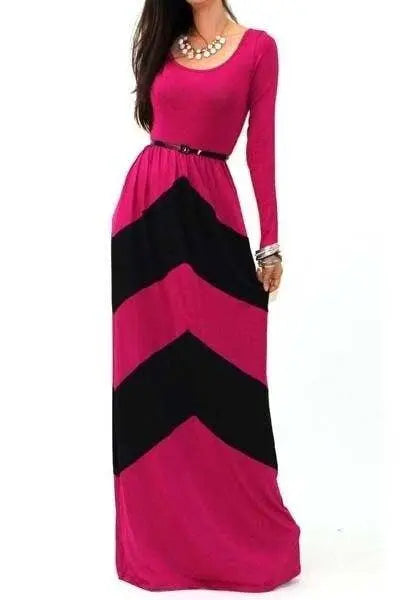 Color Block Chevron Long Sleeve Maxi Dress Fuchsia SurelyMine