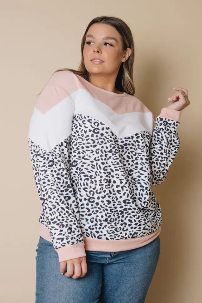 Color Block Leopard Patchwork Plus Size Long Sleeve Top Stay Warm in Style
