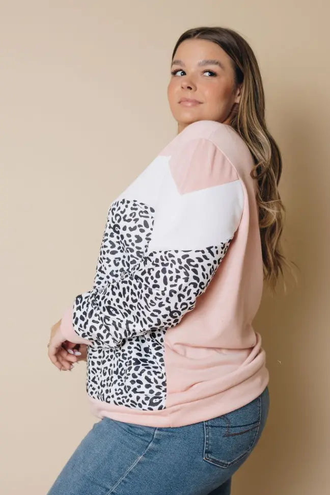 Color Block Leopard Patchwork Plus Size Long Sleeve Top Stay Warm in Style