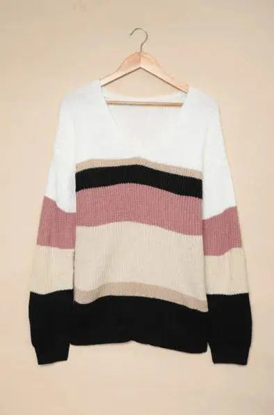 Colorblock V Neck Ribbed Knitted Sweater Stay Warm in Style