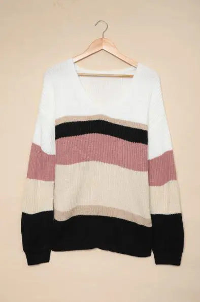Colorblock V Neck Ribbed Knitted Sweater Stay Warm in Style