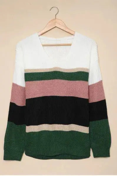 Colorblock V Neck Ribbed Knitted Sweater Stay Warm in Style