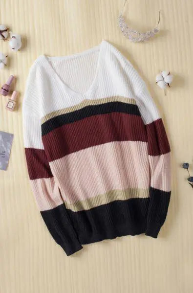 Colorblock V Neck Ribbed Knitted Sweater Stay Warm in Style