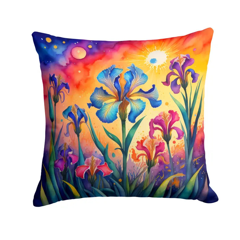 Vibrant floral pillow featuring watercolor irises in blue, purple, and pink on a sunset backdrop, 18x18 inches.