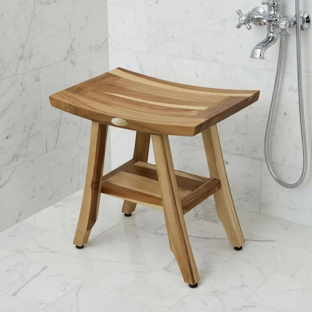 Compact Rectangular Teak Shower Outdoor Bench With Shelf In Natural Finish Homeroots Bed & Bath