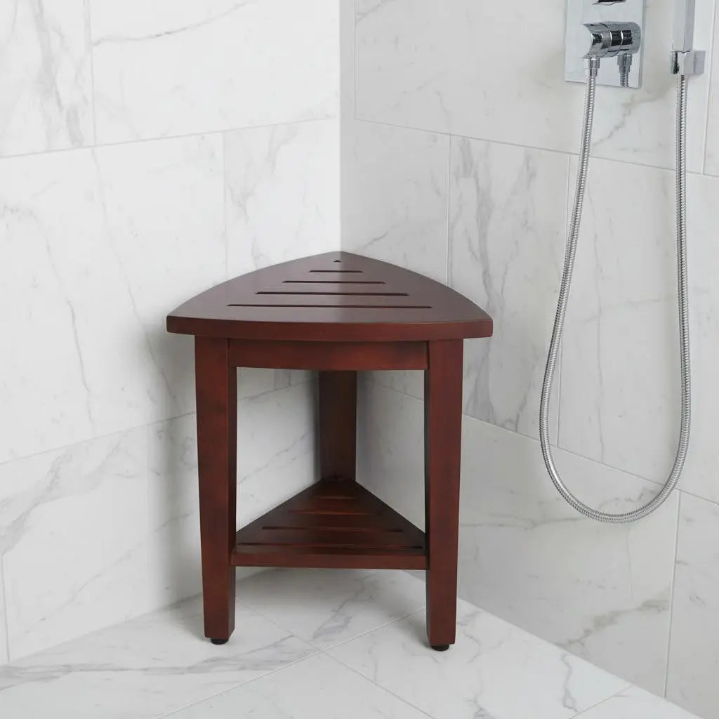 Compact Teak Corner Shower  Outdoor Bench With Shelf In Brown Finish Homeroots Bed & Bath