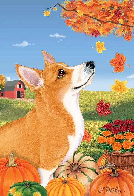 Corgi Pembroke Welsh  - Tomoyo Pitcher Autumn Leaves Outdoor Flag Best of Breed