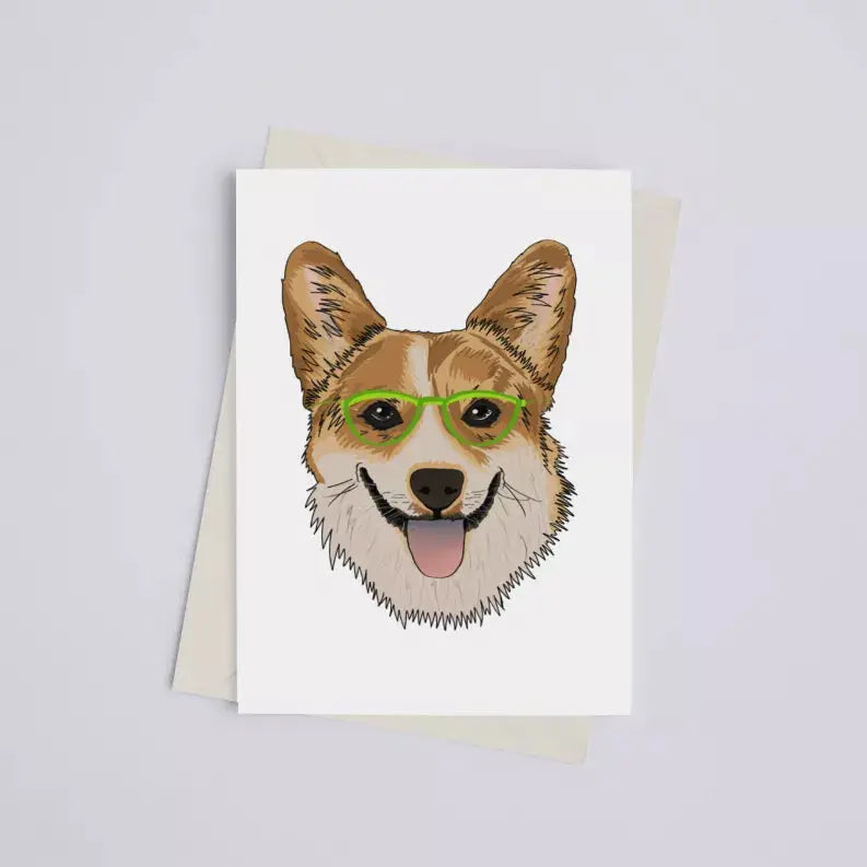 Corgi with Glasses - Greeting Card Black Cat Bazaar