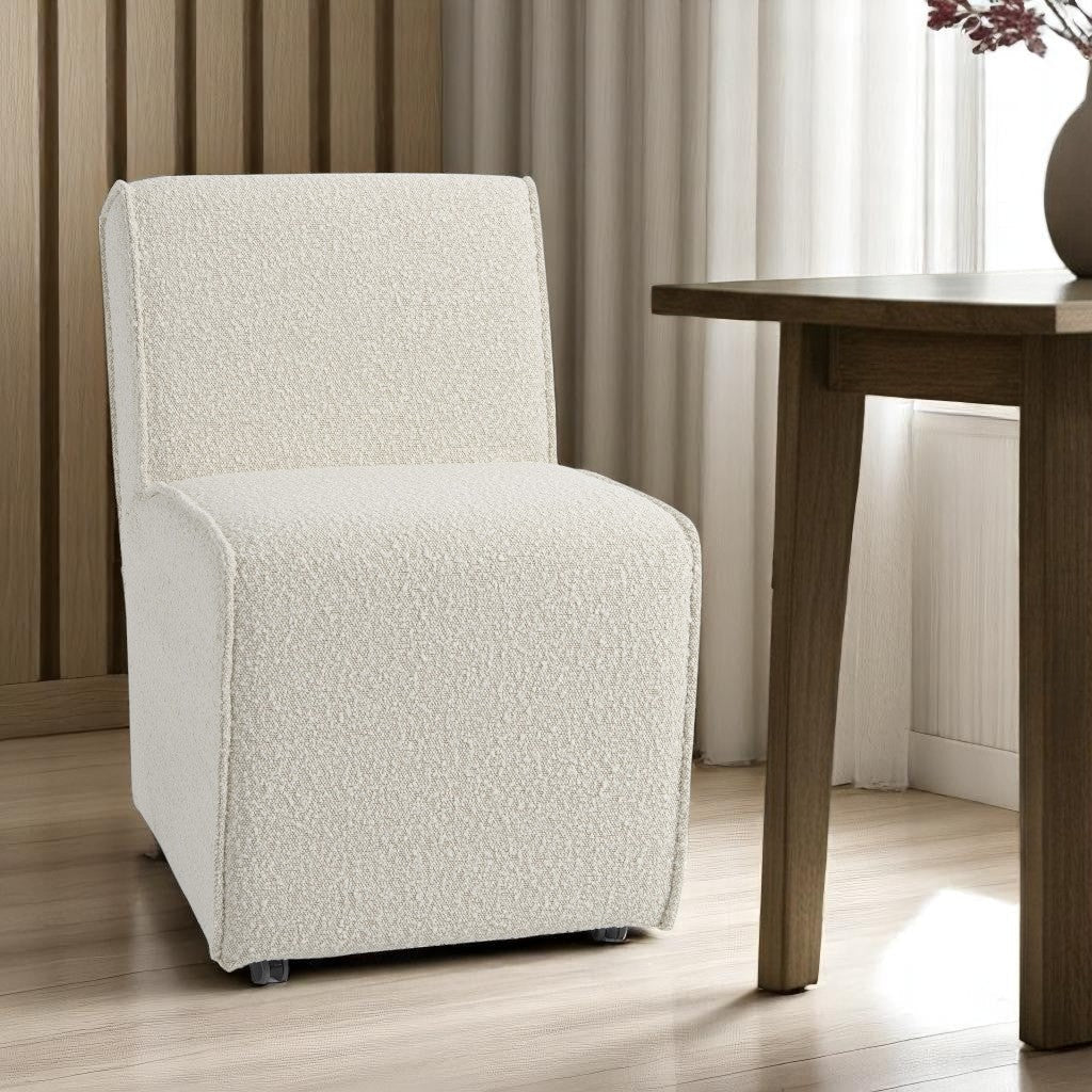 Cream Fully Upholstered Boucle Dining Side Chair With Wheels Homeroots