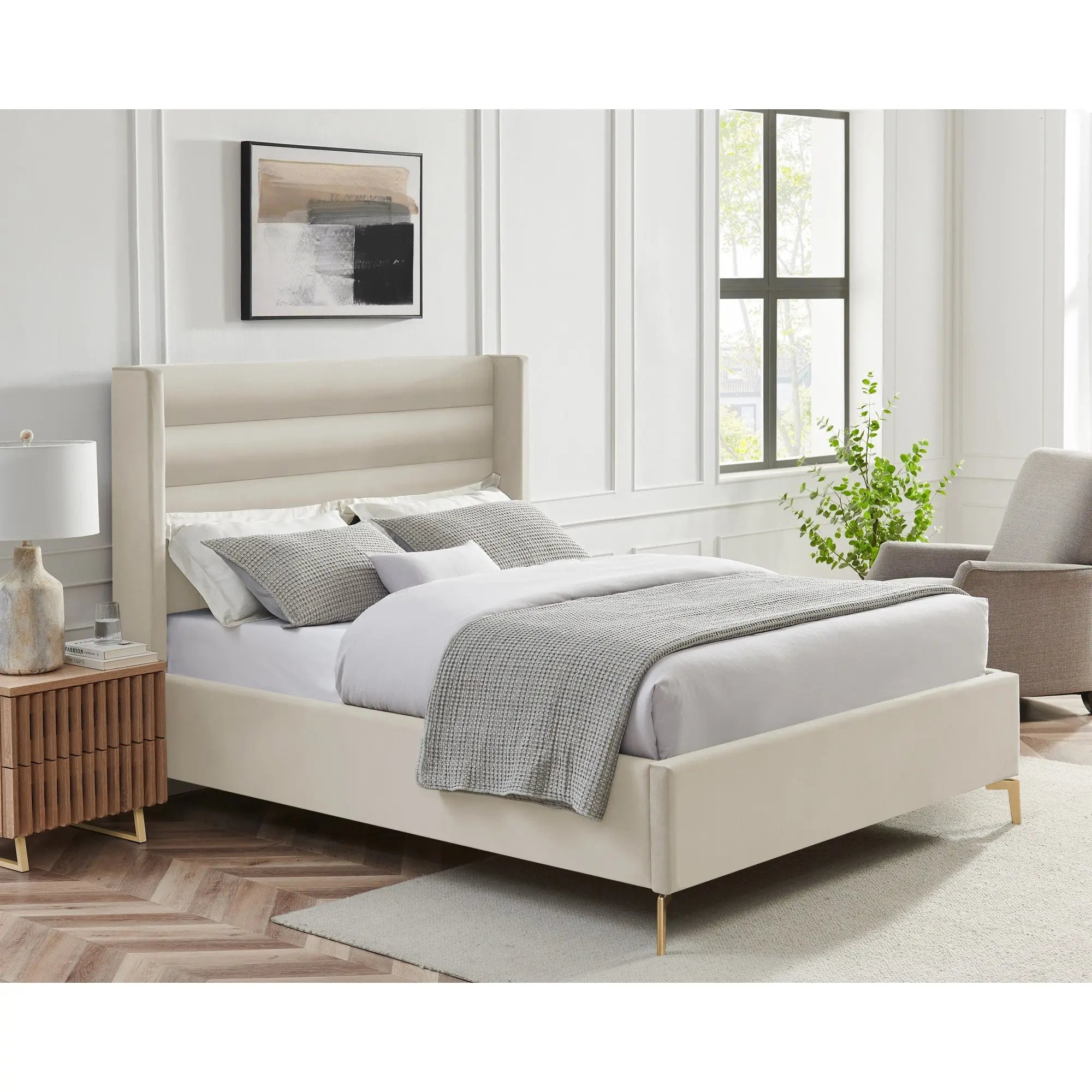 Cream Velvet Upholstered Queen Bed Frame Homeroots Bed & Bath