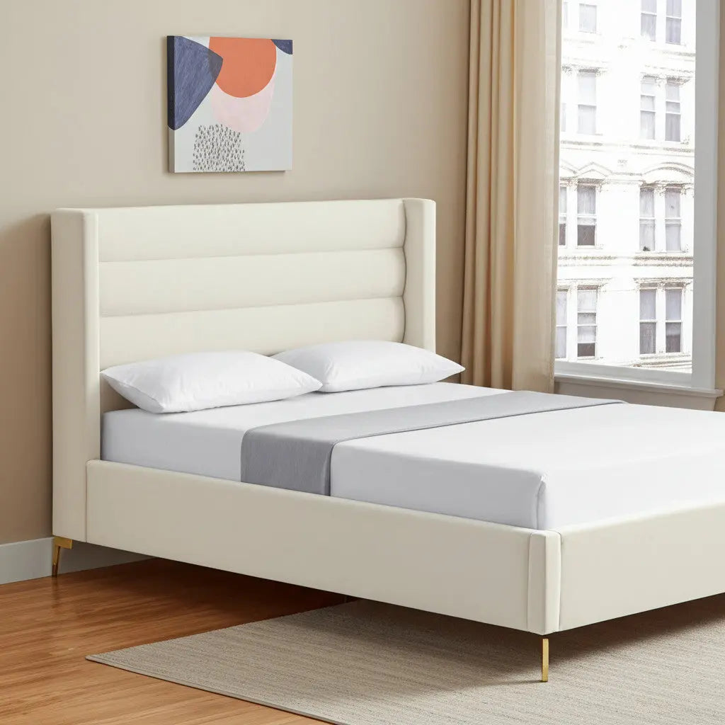 Cream Velvet Upholstered Queen Bed Frame Homeroots Bed & Bath