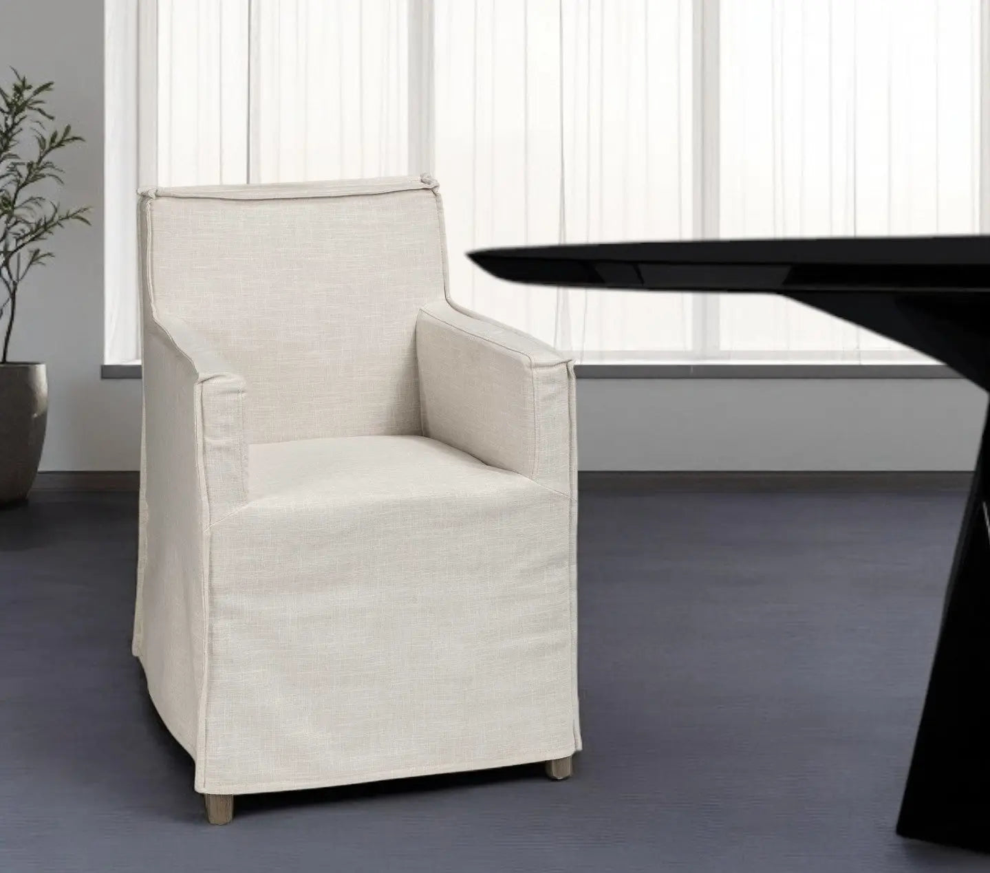 Cream and Brown Slipcovered Upholstered Fabric Dining Arm Chair Homeroots Kitchen & Dining