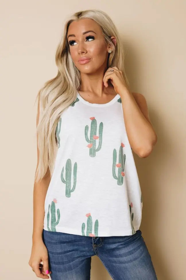 Crew Neck Cactus Print Tank Top Stay Warm in Style