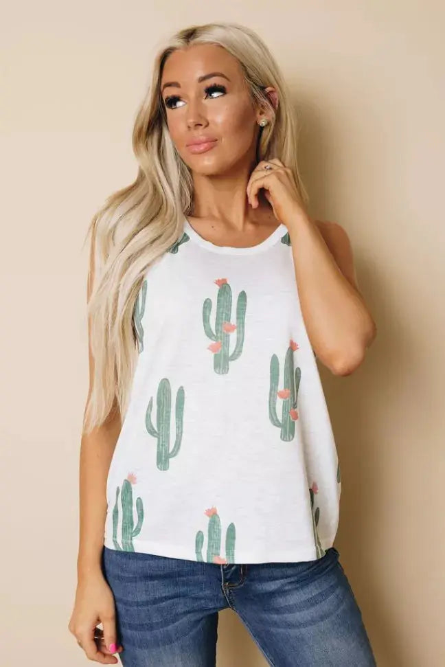 Crew Neck Cactus Print Tank Top Stay Warm in Style