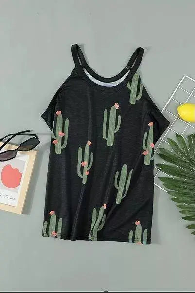 Crew Neck Cactus Print Tank Top Stay Warm in Style