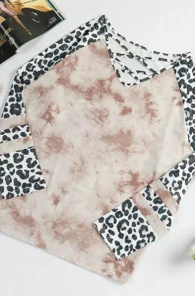 Crisscross Neck Leopard Sleeve Tie-dye Plus Size Stay Warm in Style