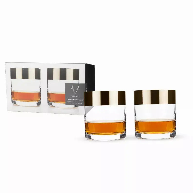Set of 2 crystal whiskey glasses with gold rims, elegantly packaged for gifting. Ideal for whiskey enthusiasts.