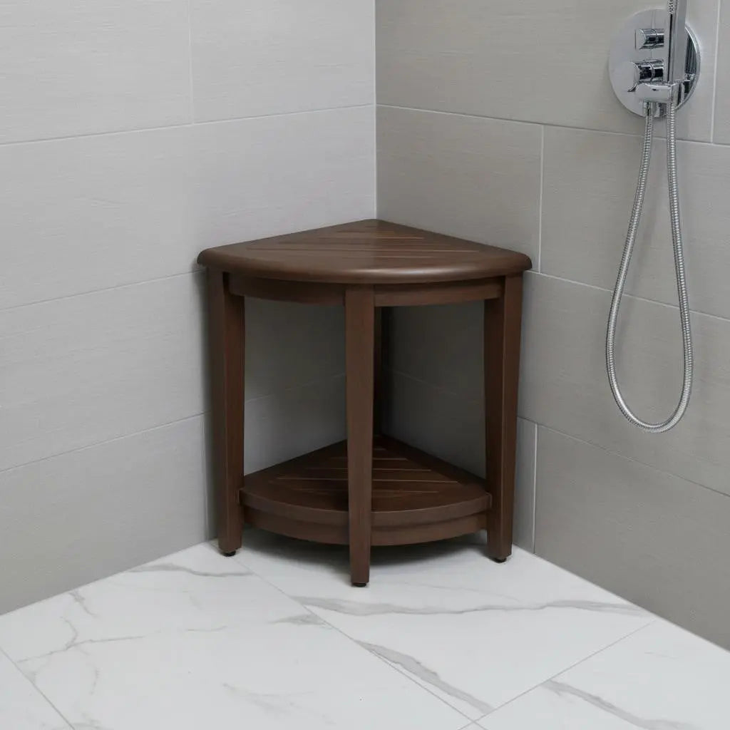 Curvilinear Dark Brown Teak 18" Corner Shower Bench With Shelf Homeroots Bed & Bath